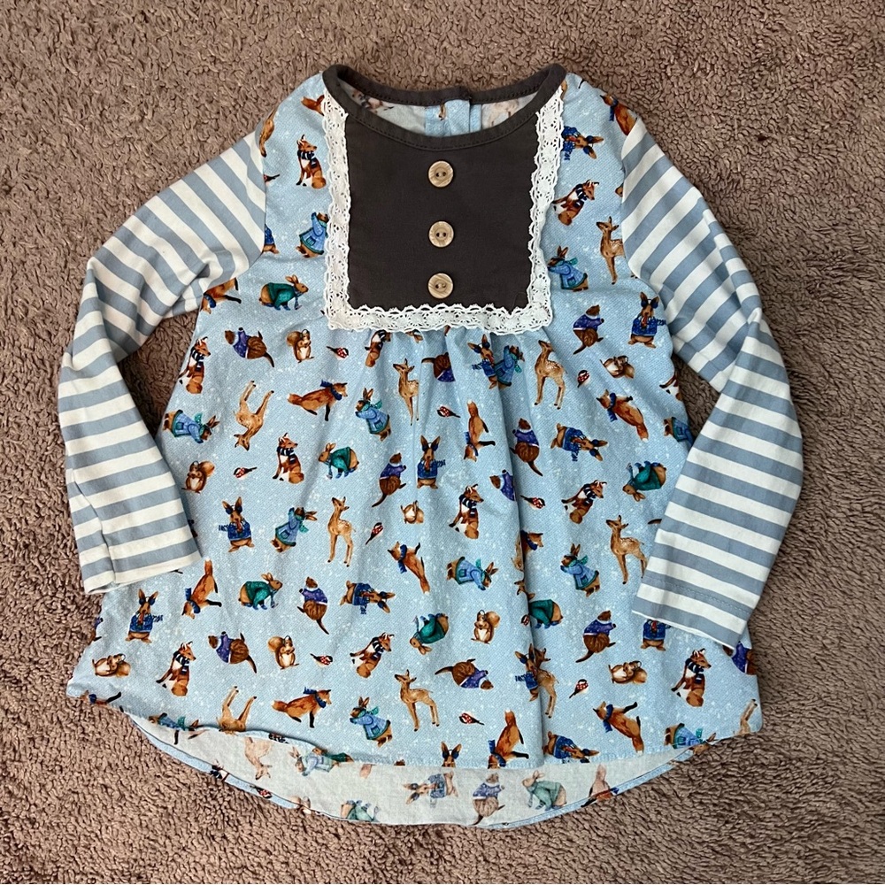 Ricrac & Ruffles Blue Winter Animal Print and Striped Sleeve Tunic 4T